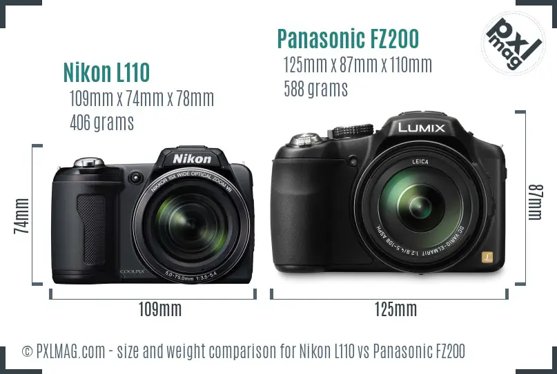 Nikon L110 vs Panasonic FZ200 size comparison