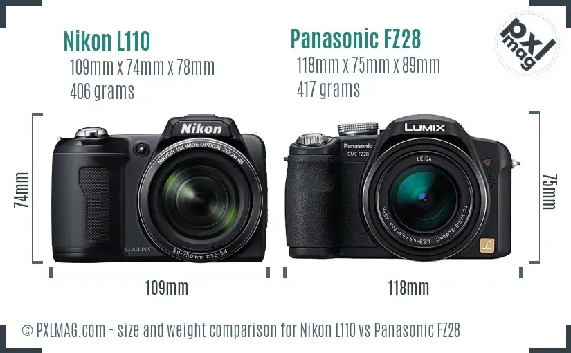 Nikon L110 vs Panasonic FZ28 size comparison