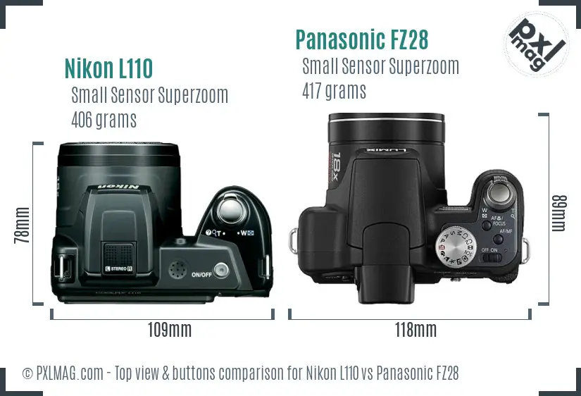 Nikon L110 vs Panasonic FZ28 top view buttons comparison