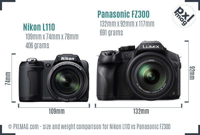 Nikon L110 vs Panasonic FZ300 size comparison