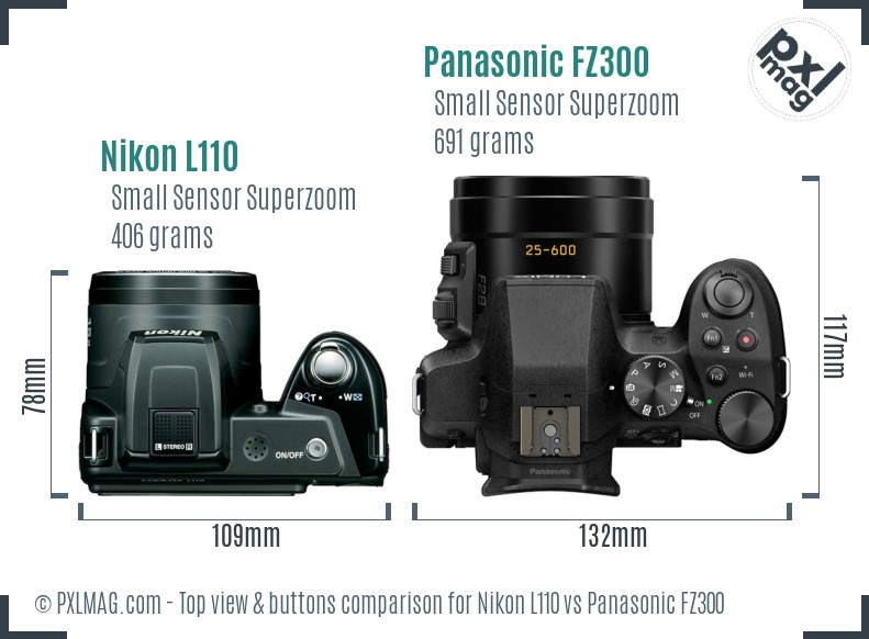 Nikon L110 vs Panasonic FZ300 top view buttons comparison