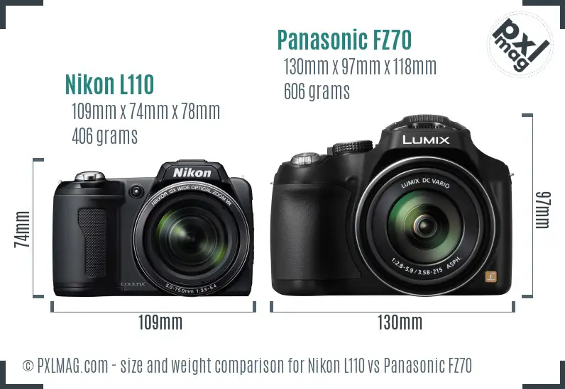 Nikon L110 vs Panasonic FZ70 size comparison