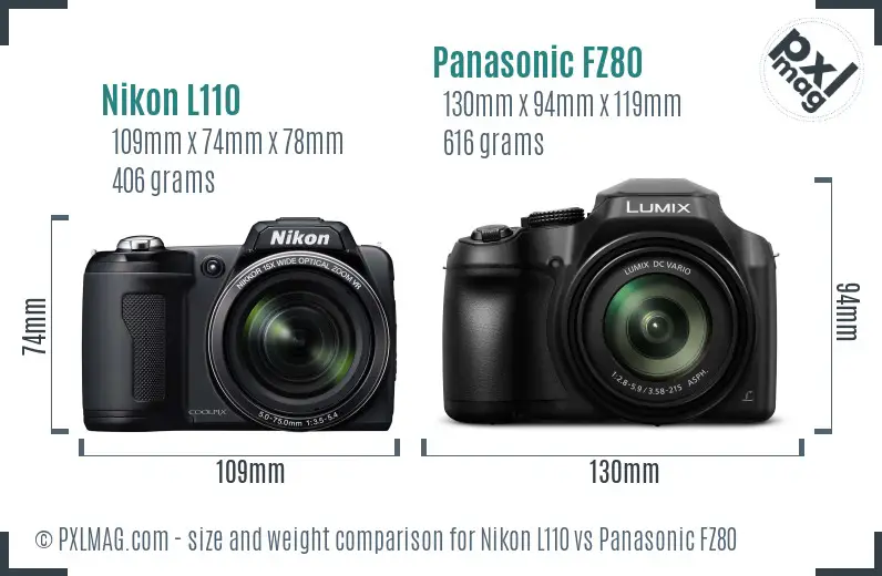 Nikon L110 vs Panasonic FZ80 size comparison