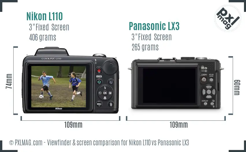 Nikon L110 vs Panasonic LX3 Screen and Viewfinder comparison