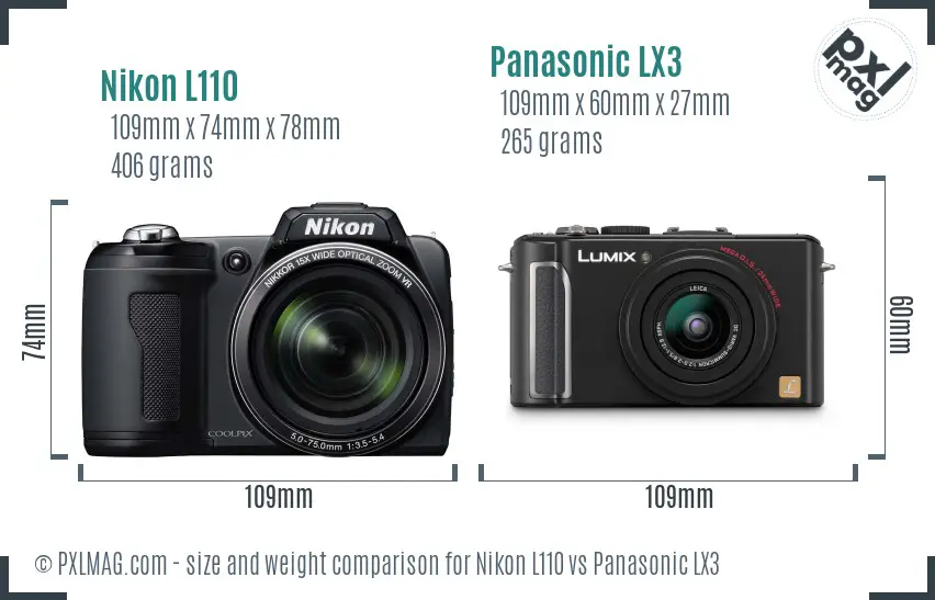 Nikon L110 vs Panasonic LX3 size comparison