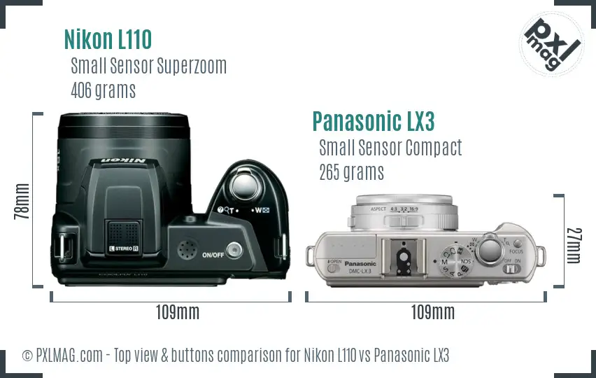 Nikon L110 vs Panasonic LX3 top view buttons comparison