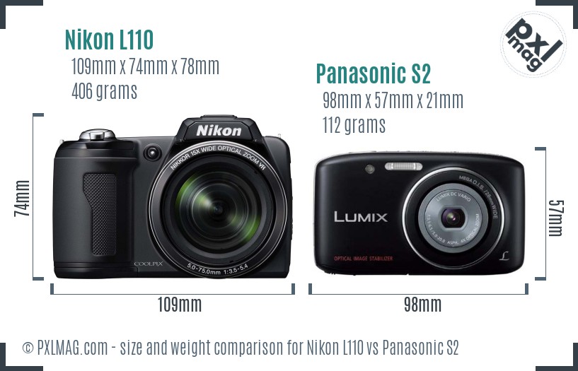 Nikon L110 vs Panasonic S2 size comparison