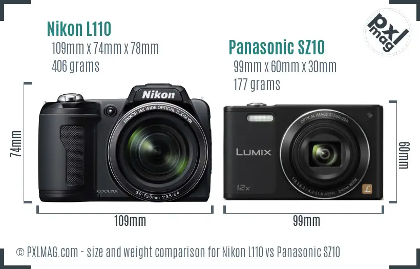 Nikon L110 vs Panasonic SZ10 size comparison