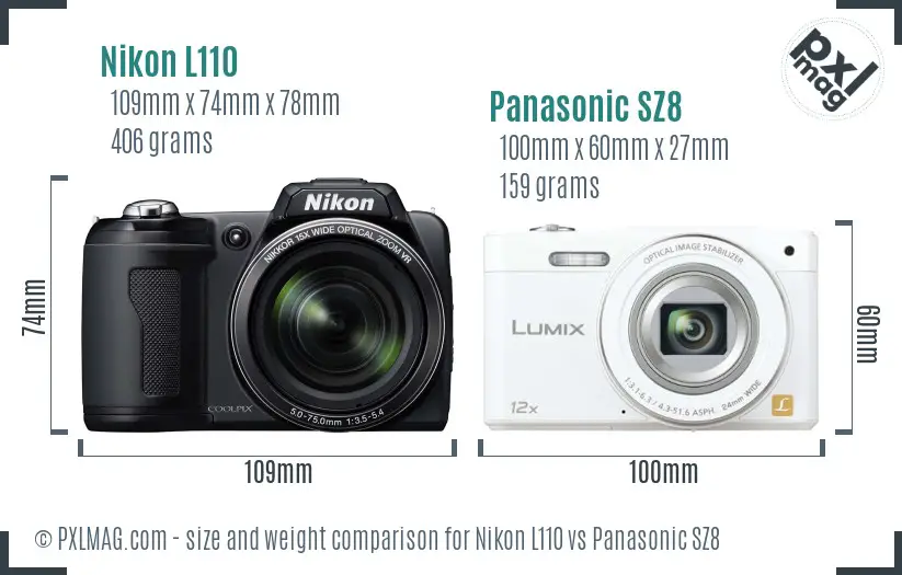 Nikon L110 vs Panasonic SZ8 size comparison
