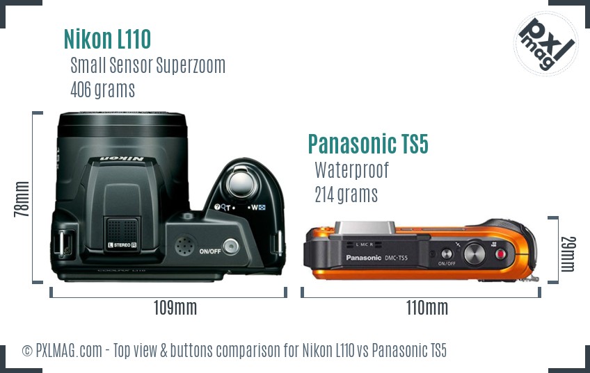 Nikon L110 vs Panasonic TS5 top view buttons comparison