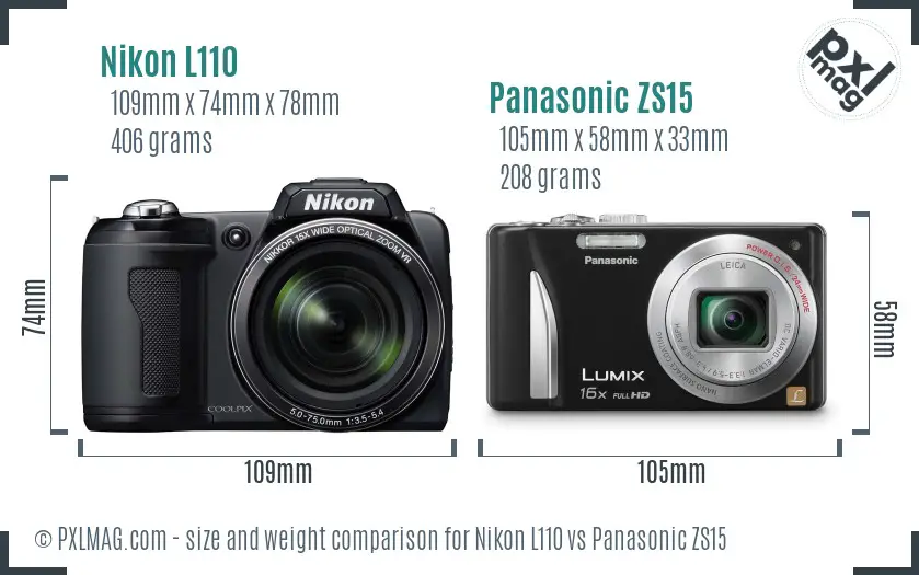 Nikon L110 vs Panasonic ZS15 size comparison