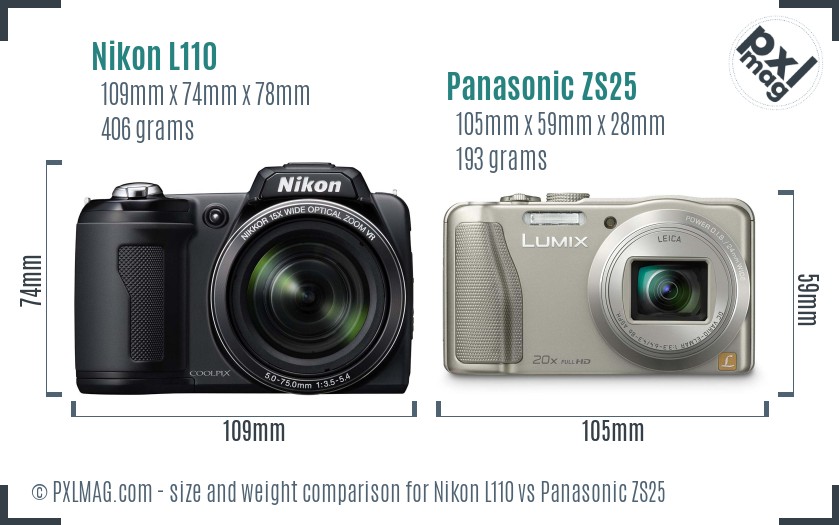 Nikon L110 vs Panasonic ZS25 size comparison