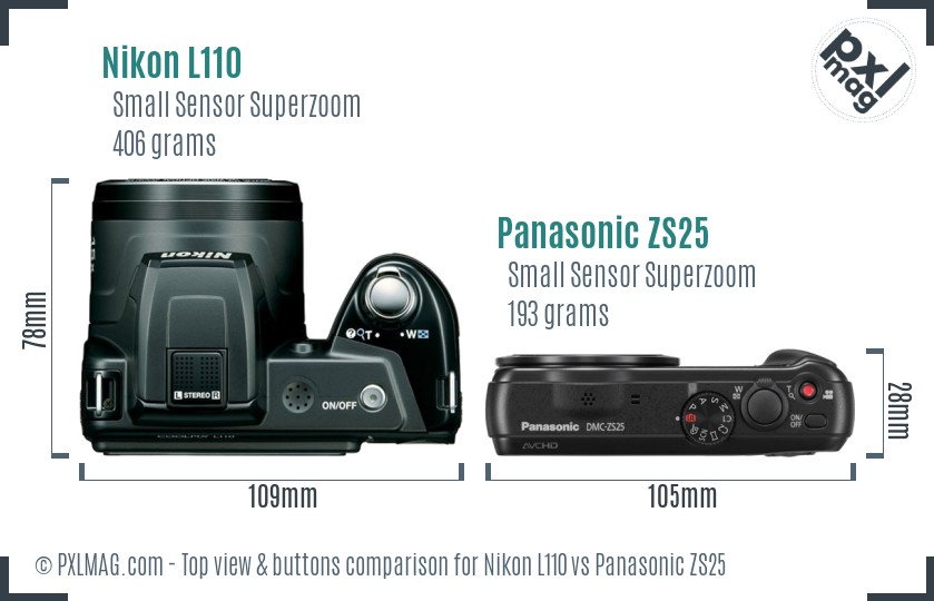Nikon L110 vs Panasonic ZS25 top view buttons comparison