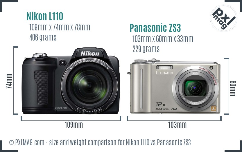 Nikon L110 vs Panasonic ZS3 size comparison
