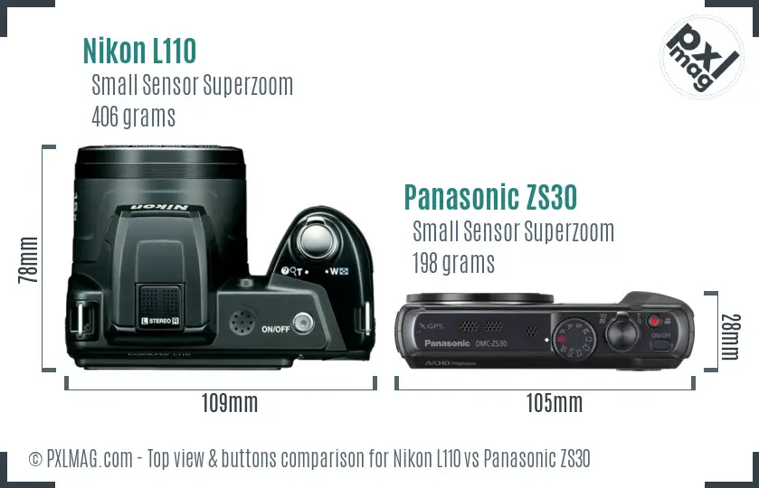 Nikon L110 vs Panasonic ZS30 top view buttons comparison Nikon L110 vs Panasonic ZS30 top view buttons comparison