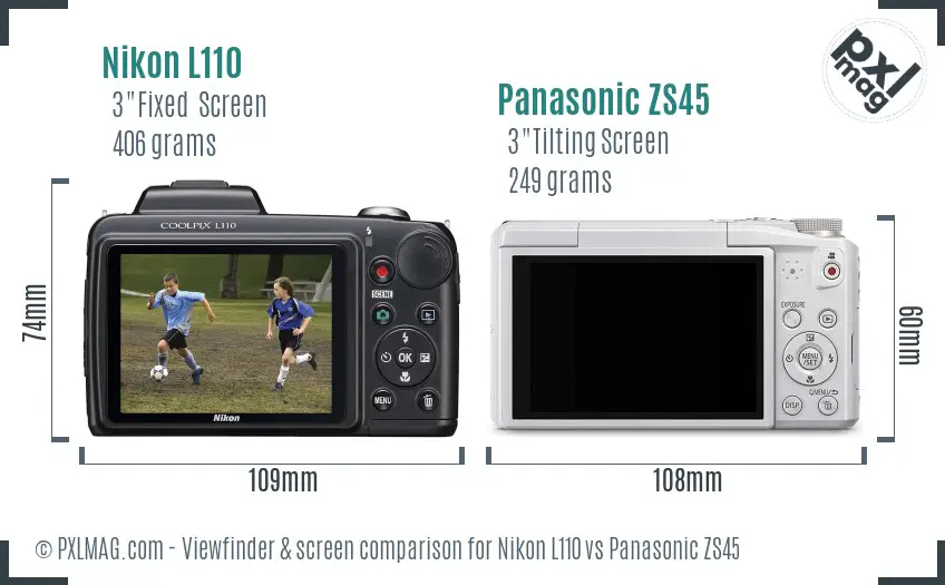 Nikon L110 vs Panasonic ZS45 Screen and Viewfinder comparison