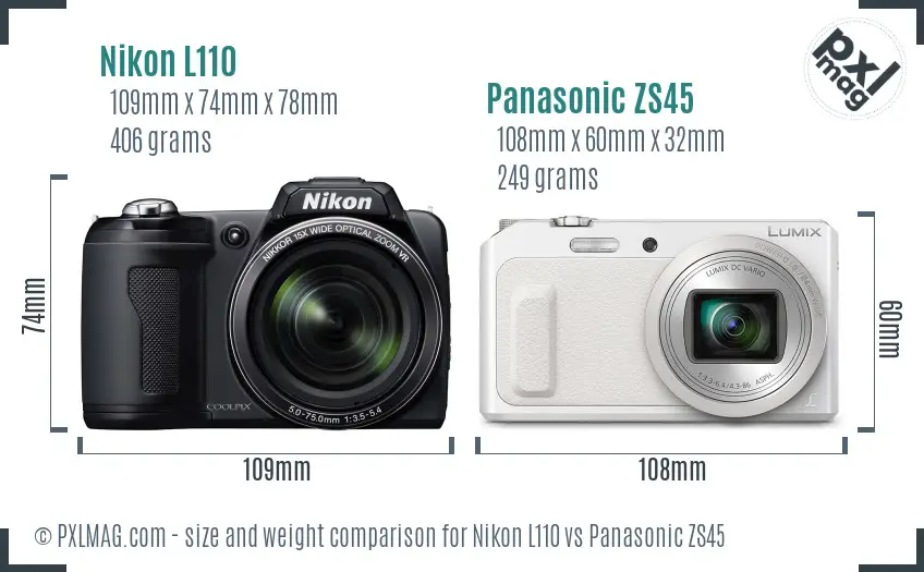 Nikon L110 vs Panasonic ZS45 size comparison