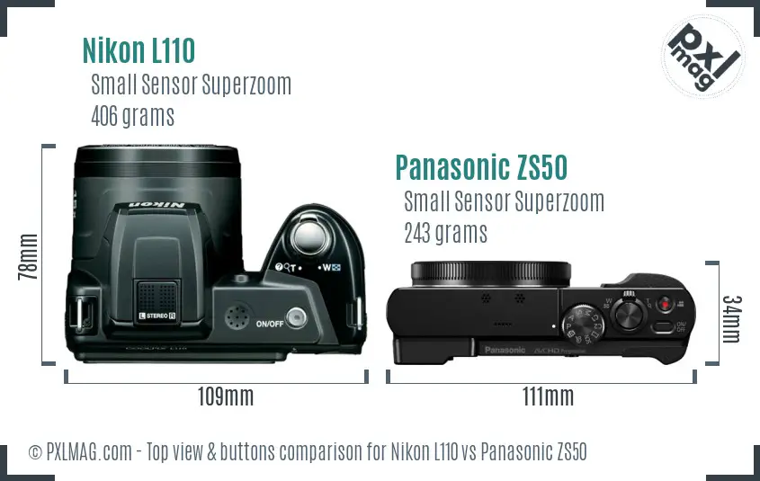 Nikon L110 vs Panasonic ZS50 top view buttons comparison Nikon L110 vs Panasonic ZS50 top view buttons comparison