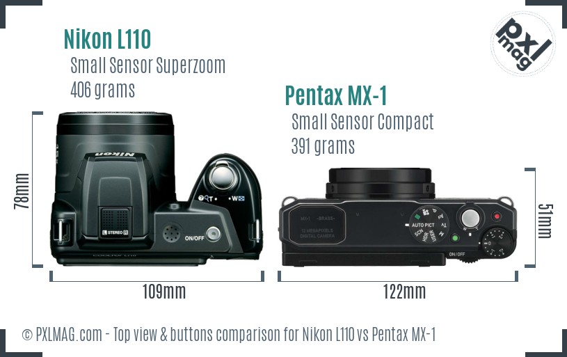 Nikon L110 vs Pentax MX-1 top view buttons comparison