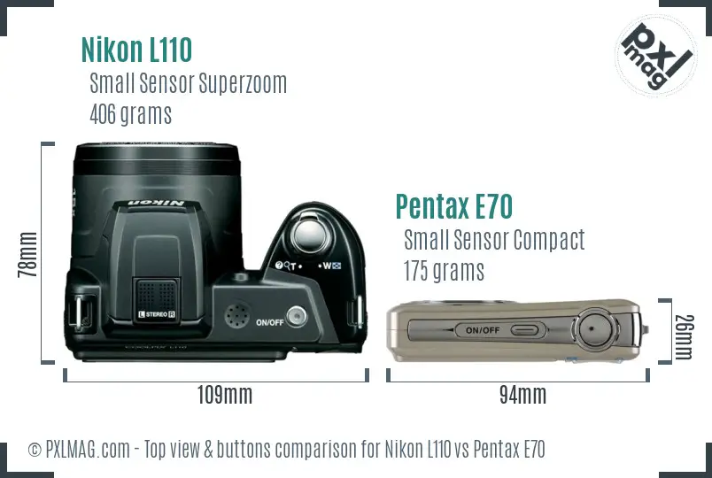 Nikon L110 vs Pentax E70 top view buttons comparison