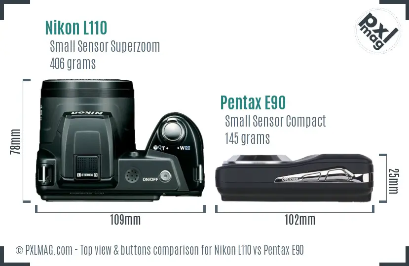 Nikon L110 vs Pentax E90 top view buttons comparison