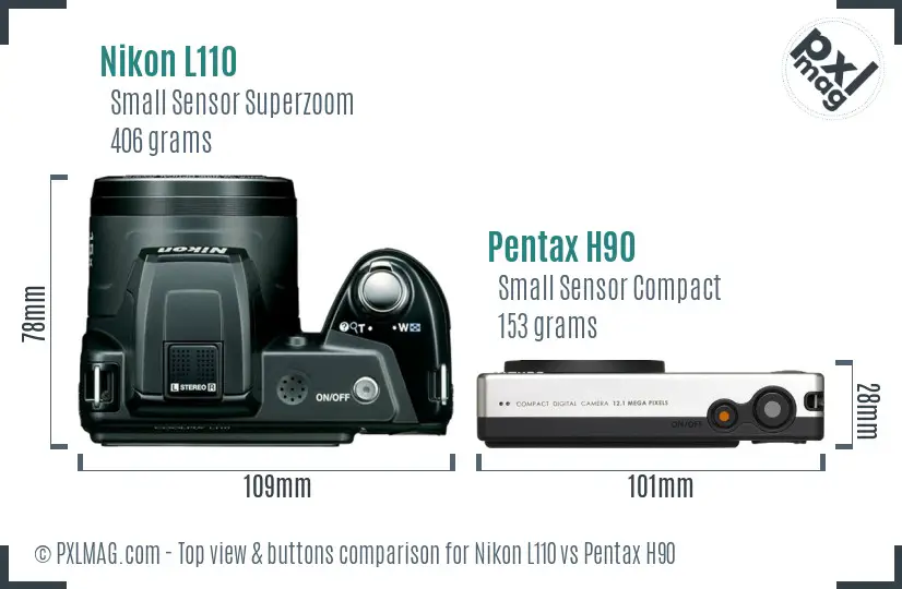 Nikon L110 vs Pentax H90 top view buttons comparison