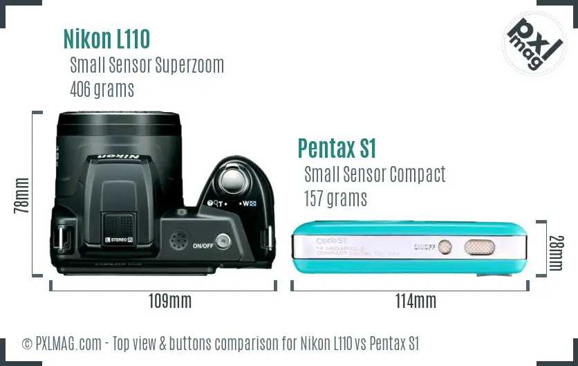 Nikon L110 vs Pentax S1 top view buttons comparison Nikon L110 vs Pentax S1 top view buttons comparison