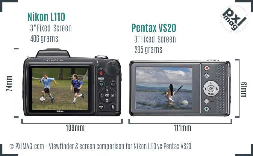 Nikon L110 vs Pentax VS20 Screen and Viewfinder comparison