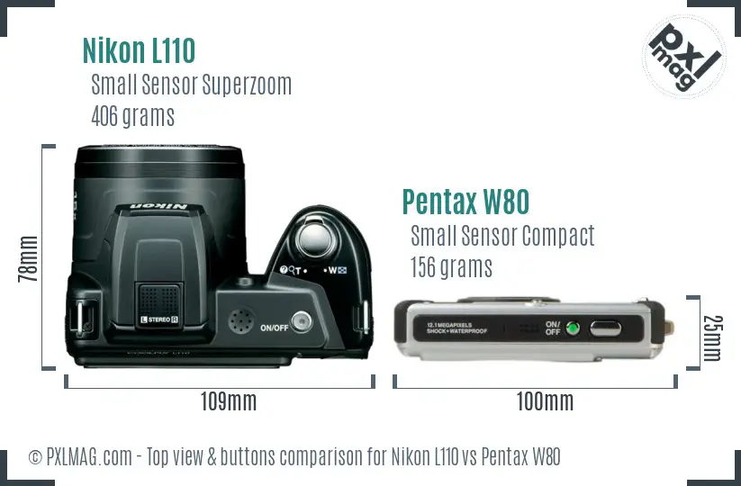 Nikon L110 vs Pentax W80 top view buttons comparison