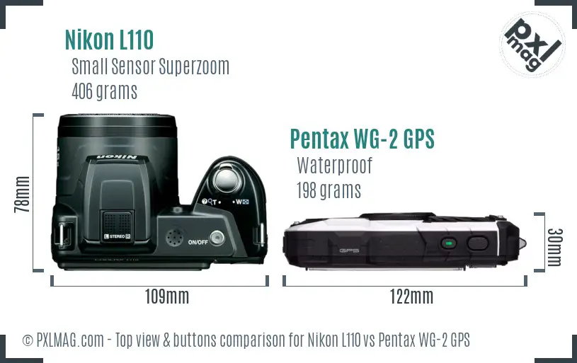 Nikon L110 vs Pentax WG-2 GPS top view buttons comparison Nikon L110 vs Pentax WG-2 GPS top view buttons comparison