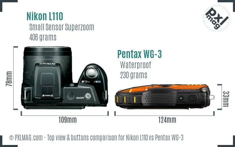 Nikon L110 vs Pentax WG-3 top view buttons comparison