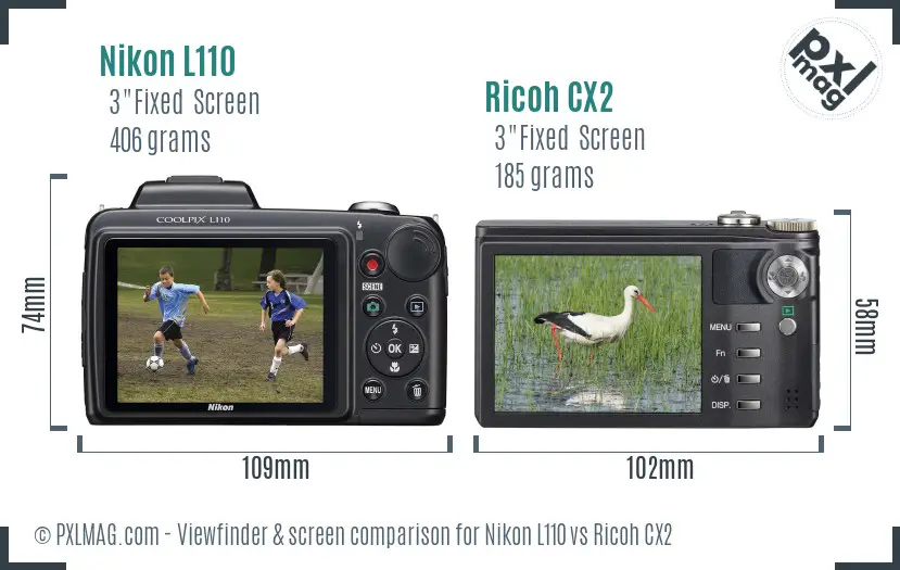 Nikon L110 vs Ricoh CX2 Screen and Viewfinder comparison