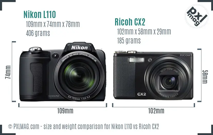 Nikon L110 vs Ricoh CX2 size comparison