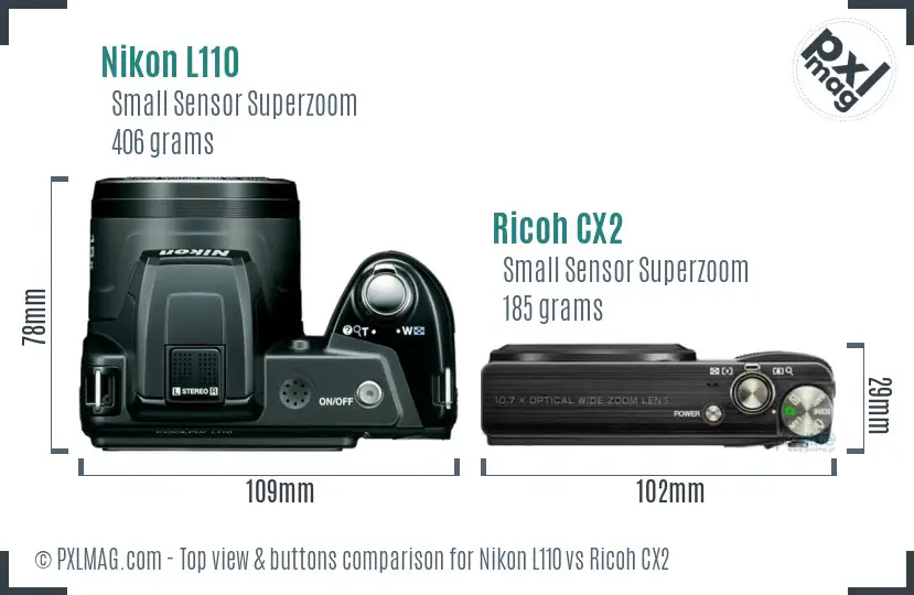 Nikon L110 vs Ricoh CX2 top view buttons comparison