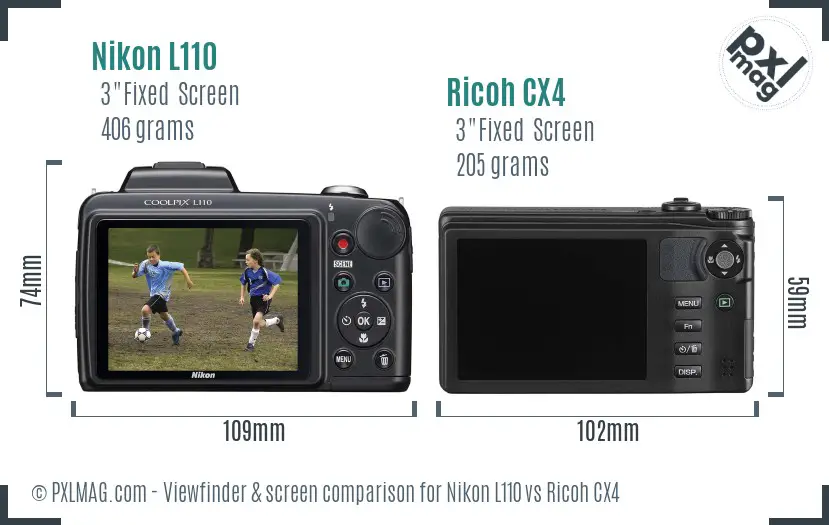 Nikon L110 vs Ricoh CX4 Screen and Viewfinder comparison