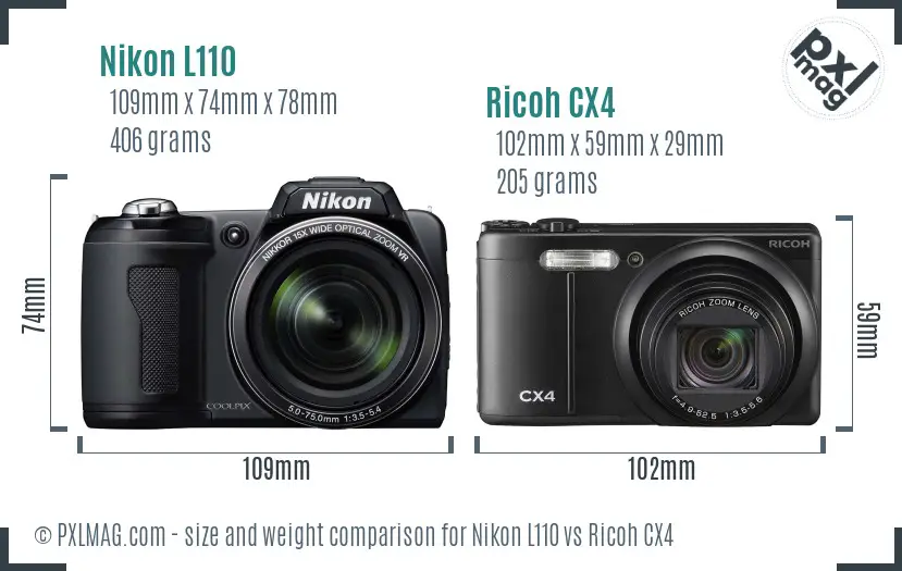 Nikon L110 vs Ricoh CX4 size comparison