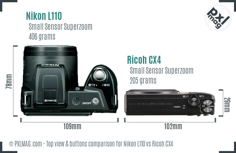 Nikon L110 vs Ricoh CX4 top view buttons comparison