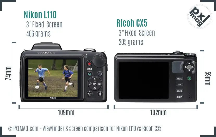 Nikon L110 vs Ricoh CX5 Screen and Viewfinder comparison