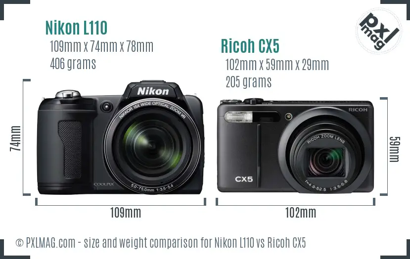 Nikon L110 vs Ricoh CX5 size comparison