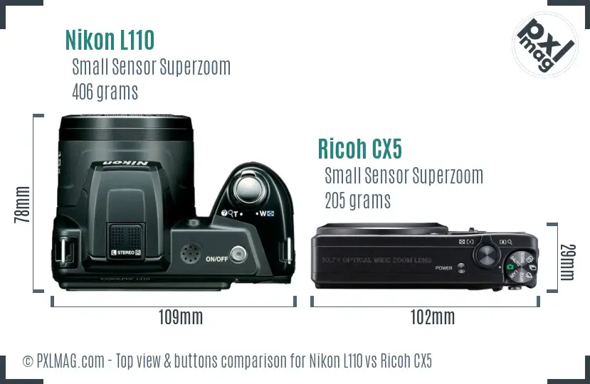 Nikon L110 vs Ricoh CX5 top view buttons comparison