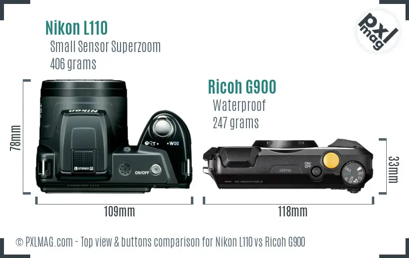 Nikon L110 vs Ricoh G900 top view buttons comparison Nikon L110 vs Ricoh G900 top view buttons comparison