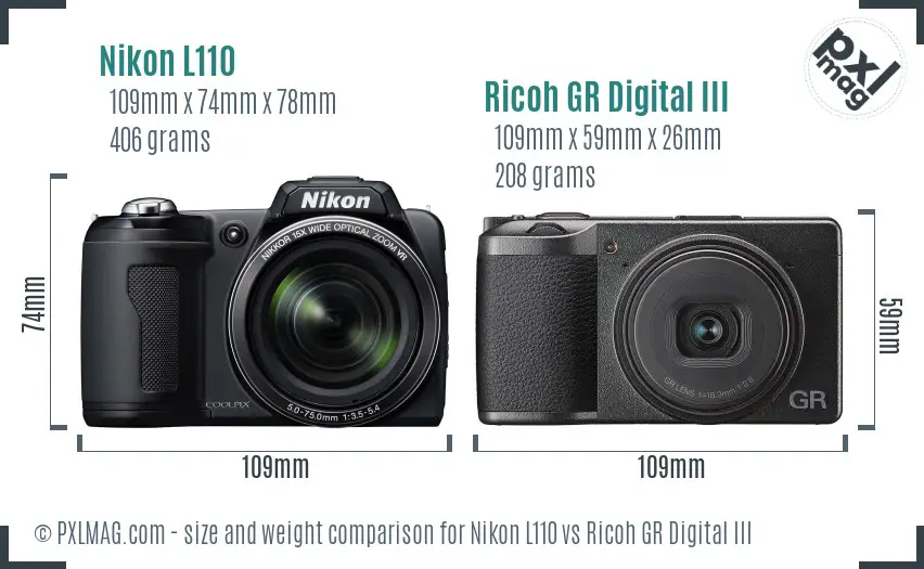 Nikon L110 vs Ricoh GR Digital III size comparison Nikon L110 vs Ricoh GR Digital III size comparison
