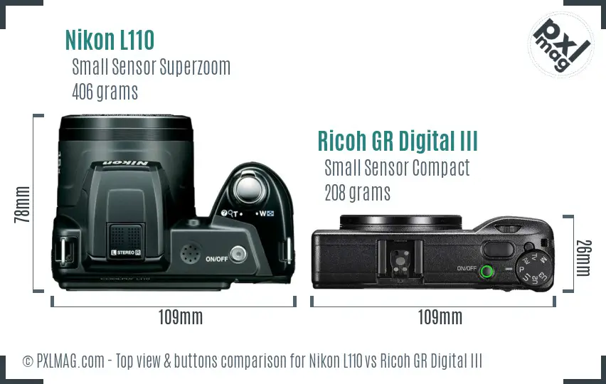 Nikon L110 vs Ricoh GR Digital III top view buttons comparison Nikon L110 vs Ricoh GR Digital III top view buttons comparison