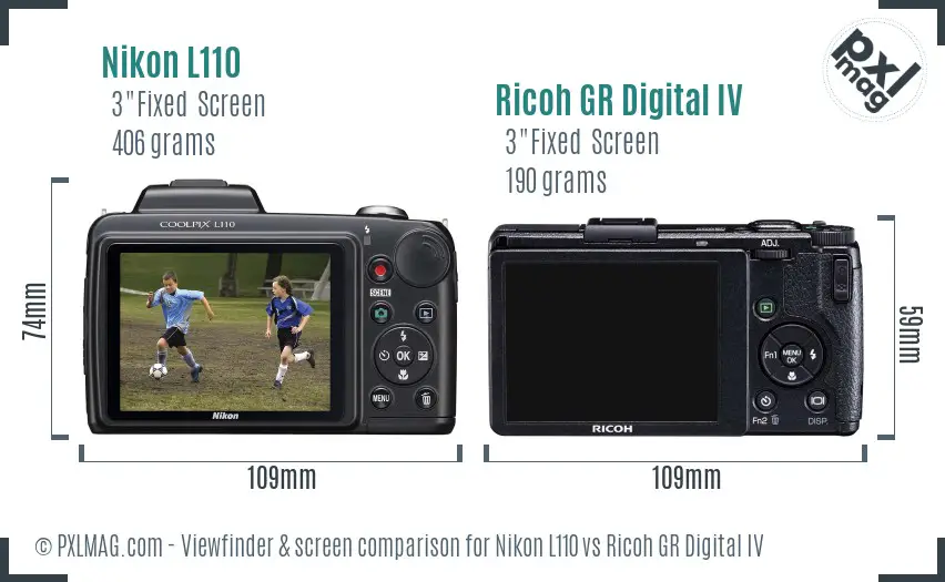 Nikon L110 vs Ricoh GR Digital IV Screen and Viewfinder comparison