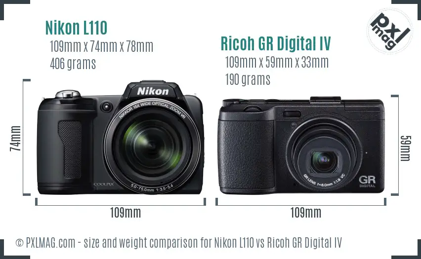 Nikon L110 vs Ricoh GR Digital IV size comparison