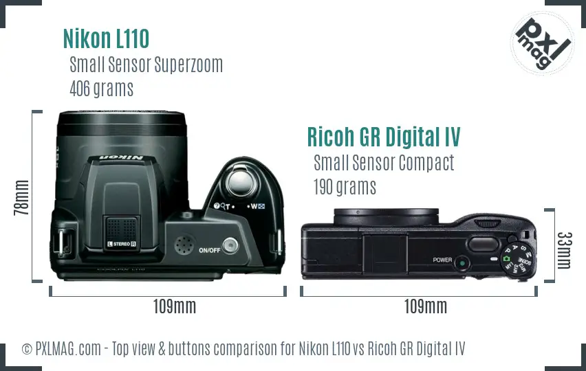 Nikon L110 vs Ricoh GR Digital IV top view buttons comparison