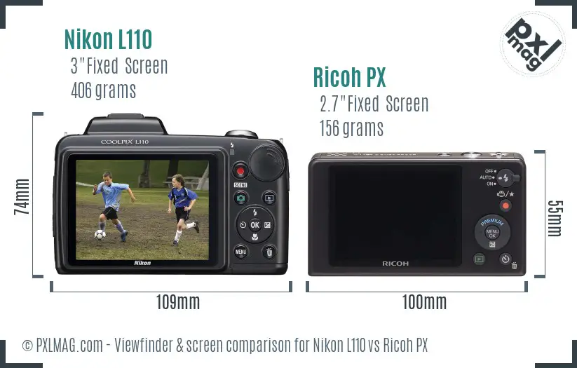 Nikon L110 vs Ricoh PX Screen and Viewfinder comparison