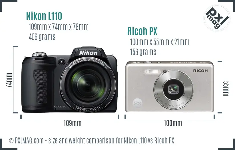 Nikon L110 vs Ricoh PX size comparison