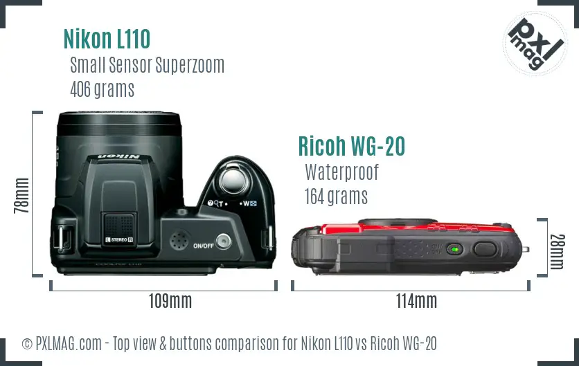 Nikon L110 vs Ricoh WG-20 top view buttons comparison Nikon L110 vs Ricoh WG-20 top view buttons comparison