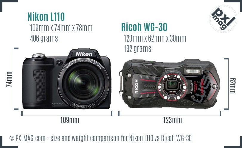 Nikon L110 vs Ricoh WG-30 size comparison